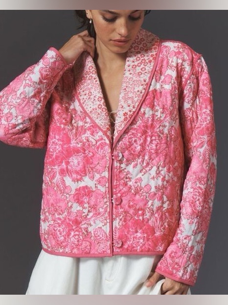Anthropologie / Conditions Apply Pink Floral Printed Quilted Jacket